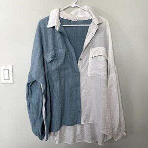 Chicsoul rayon blue white colorblock long sleeved button down top women size 2X